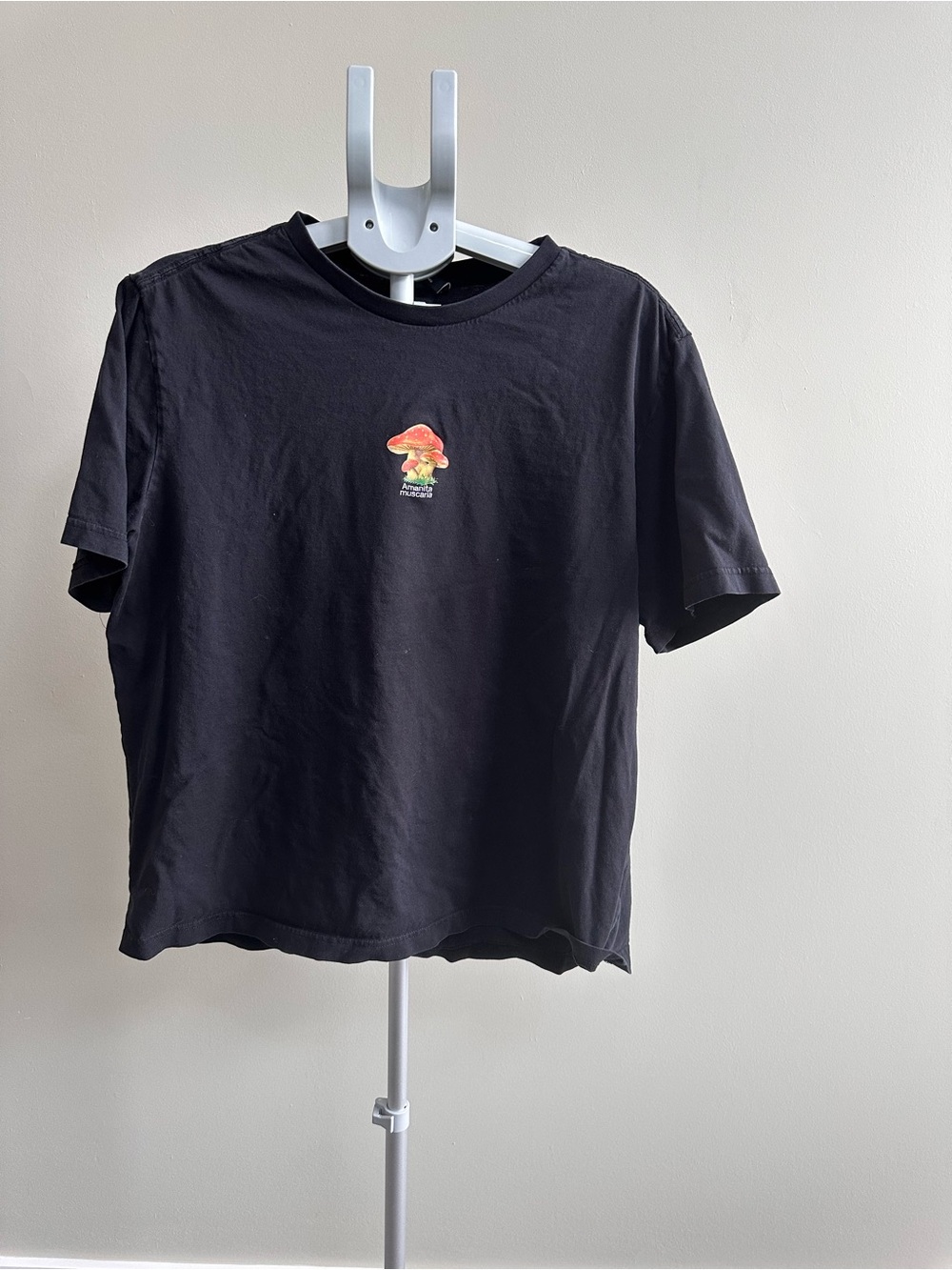 Kids Black T-Shirt with Small Mushroom Graphic